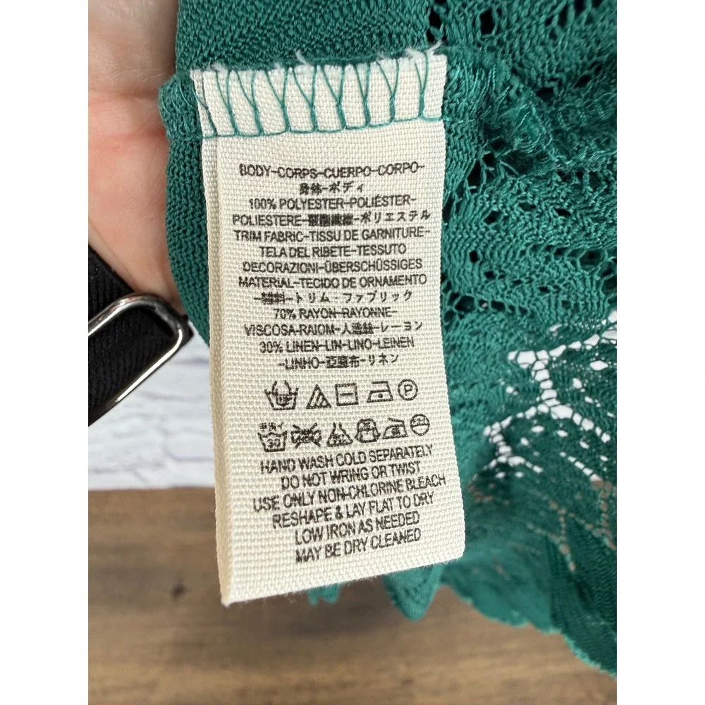 Free People Fire Island Crochet Knit Top XS Teal Green Lace Boho Peplum Blouse